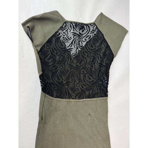 Bebe Lace Inset Bodycon Dress Slimming Olive Green Black Lace Insets Back Medium - Picture 9 of 9